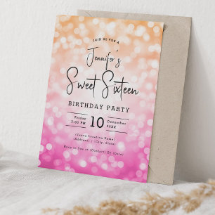 Elegant Bokeh Modern Script Sweet 16 Pink Orange Invitation
