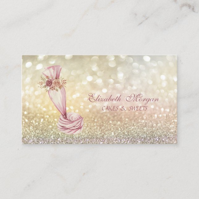 Elegant Bokeh Piping Bag Flowers Whisk Bakery  Business Card (Front)