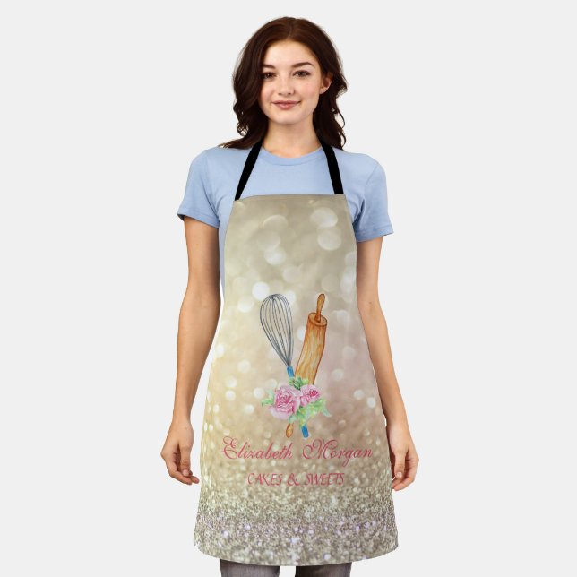 Elegant Bokeh Rolling Pin Whisk Bakery Apron (Worn)