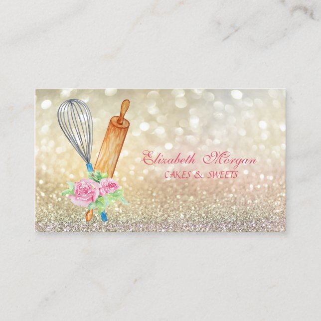 Elegant Bokeh Rolling Pin Whisk Bakery Business Card (Front)