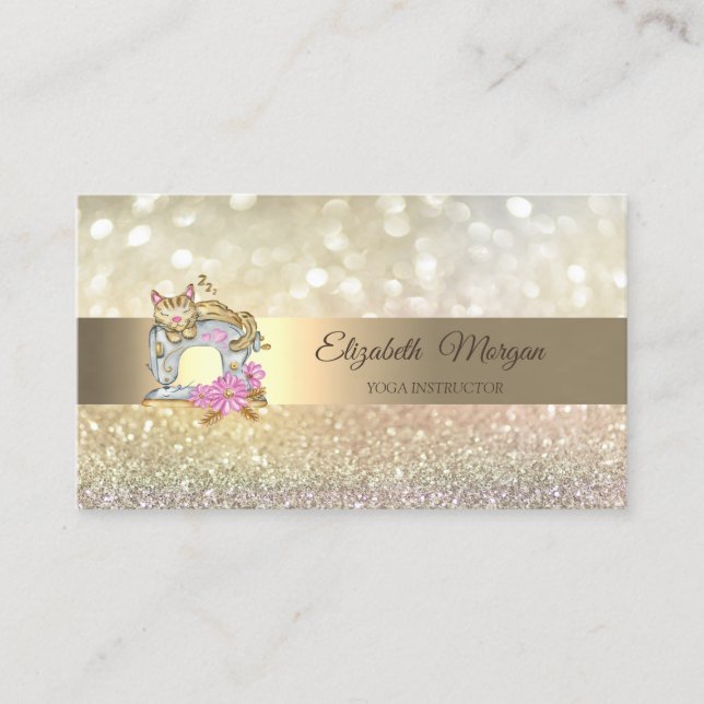 Elegant Bokeh Sewing Machine Cat Business Card (Front)