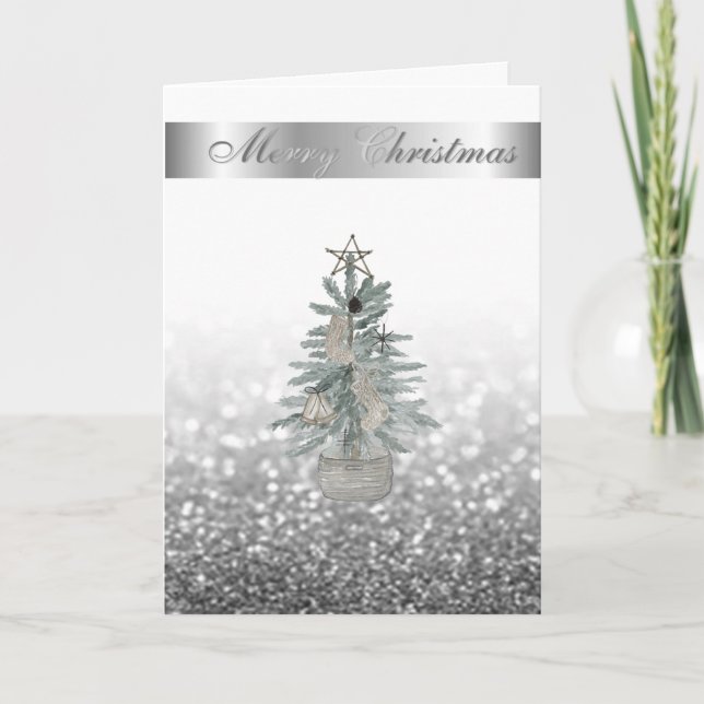 Elegant Bokeh Silver,Watercolor Christmas Tree Holiday Card (Front)