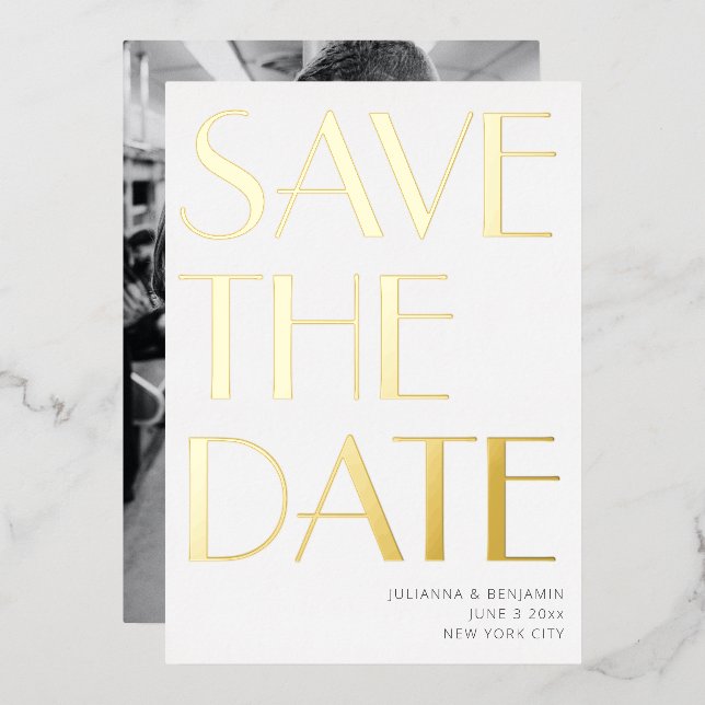 Elegant Bold Art Deco Photo Save The Date Gold  (Front/Back)