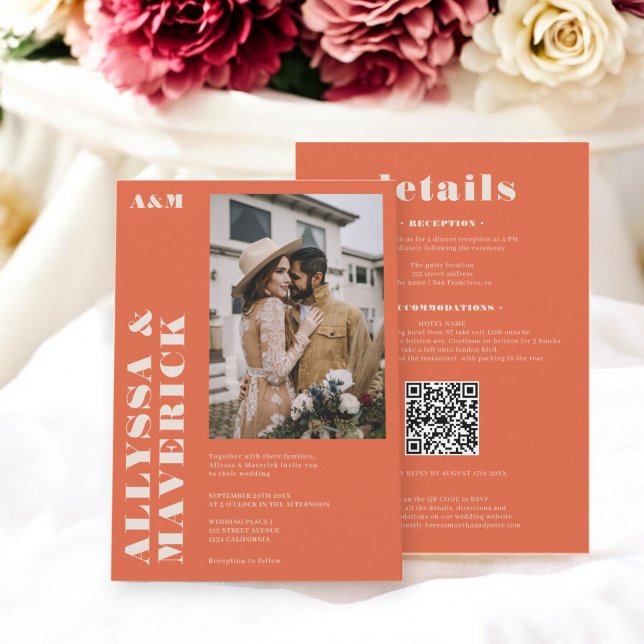 Elegant Bold boho beige orange photo wedding Invitation (Elegant Bold boho beige orange photo wedding Invitation)