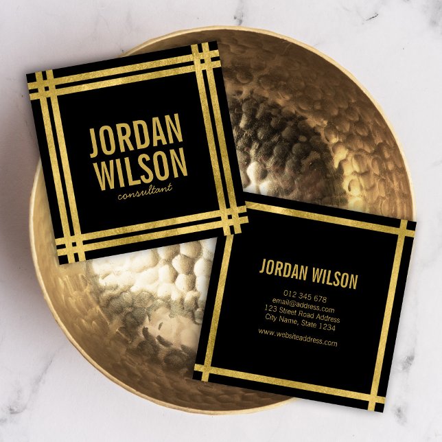 Elegant Bold Borders Black Faux Gold Square Business Card (Creator Uploaded)