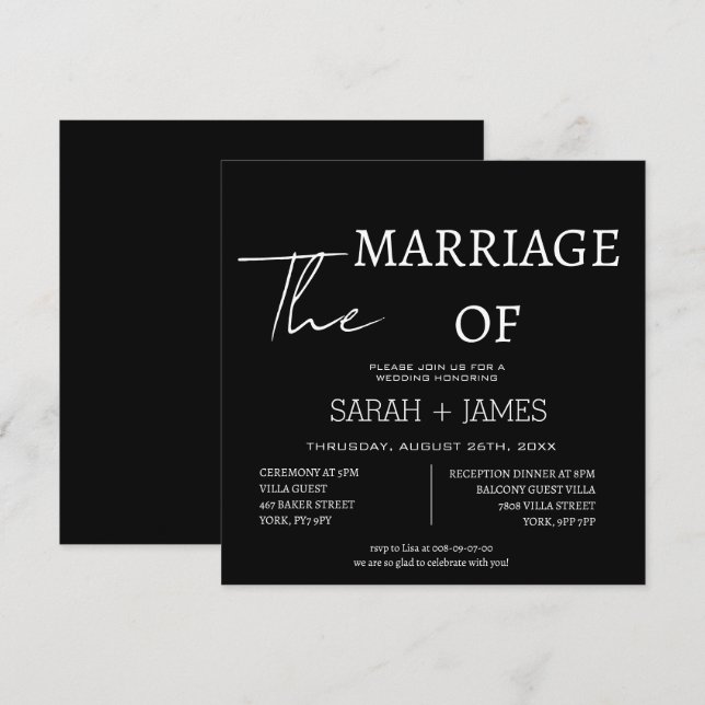 Elegant Bold Classic Black & White Wedding Square Invitation (Front/Back)