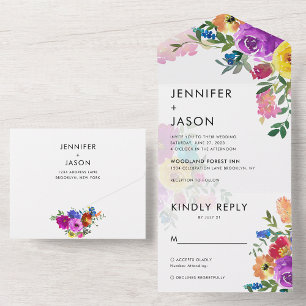 Elegant Bold Colour Roses and Peonies Wedding Invi All In One Invitation