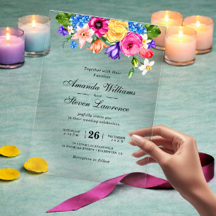 Elegant Bold Colourful Watercolor Floral wedding Acrylic Invitations