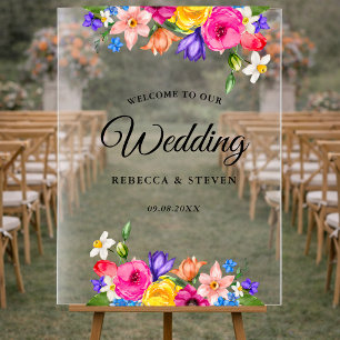 Elegant Bold Colourful Watercolor Floral wedding Acrylic Sign