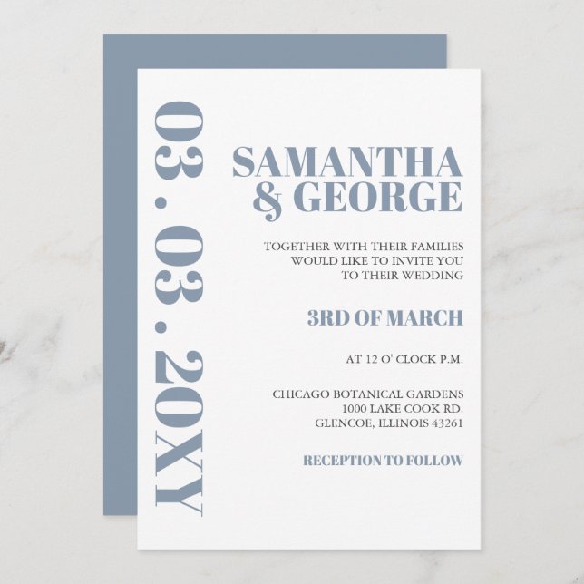 Elegant Bold Dusty Blue Modern Wedding Invitation (Front/Back)