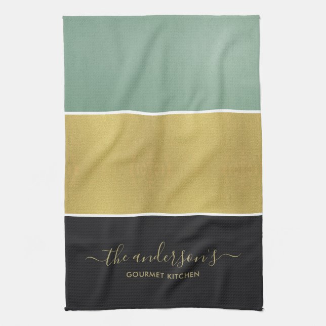 ELEGANT BOLD FAUX GOLD BLUE GREEN BLACK STRIPS TEA TOWEL (Vertical)