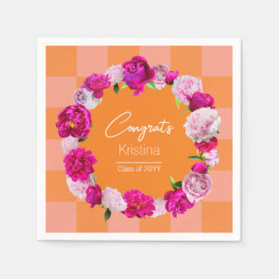 Elegant Bold Floral Orange & Pink Check Graduation Napkin