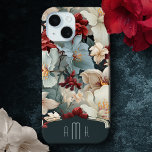 Elegant Bold Floral with Custom Monogram iPhone 15 Case<br><div class="desc">Elegant exotic ruby red,  dusty blue and off-white on a dark teal blue background with unique blank label element for your name or monogram. Colour of label can be customised using the colour picker tool in the edit design panel.</div>
