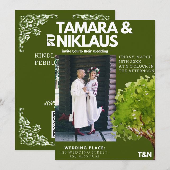 Elegant Bold Forest Green Slavic Photo Wedding Invitation (Front/Back)