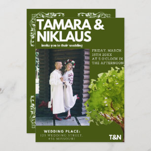 Elegant Bold Forest Green Slavic Photo Wedding Invitation