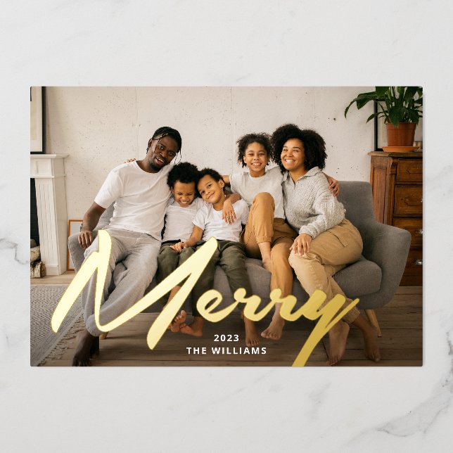 Elegant Bold Merry Brush Script Photo Real Gold Foil Holiday Card (Front)