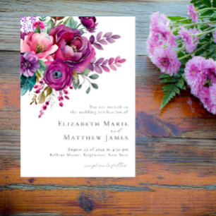 Elegant Bold Pink Purple Watercolor Floral Wedding Invitation