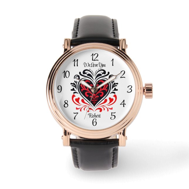 Elegant bold red and black heart motif & name watch (Front)