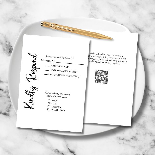Elegant Bold Script Black White Formal Wedding RSVP Card (Black White Formal Elegant Wedding Kindly Respond RSVP Card with Menu Options, QR Code, Website.)