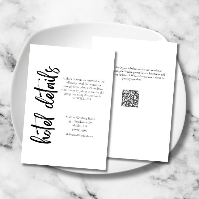 Elegant Bold Script Black White Wedding Hotel Enclosure Card (Elegant Bold Script Black and White Wedding Hotel Details Enclosure Card with QR Code.)