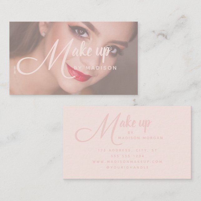 Elegant Bold Script Blush Pink Photo Makeup Business Card (Front/Back)