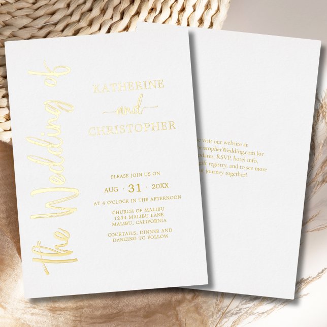 Elegant Bold Script Gold White Formal Wedding (Elegant Bold Script Gold Foil Formal Wedding Invitation with vertical text. QR code for website.)