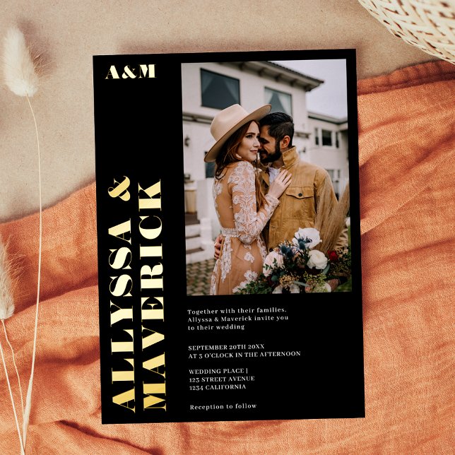 Elegant Bold simple black photo wedding (Elegant Bold simple black photo wedding Foil Invitation)