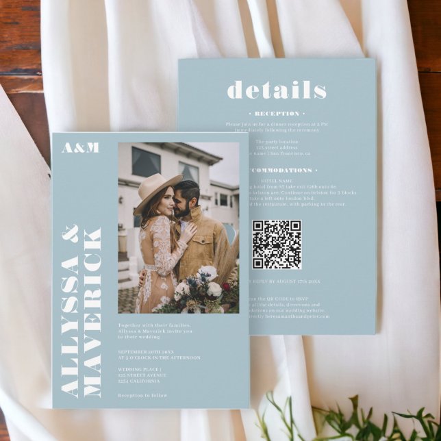 Elegant Bold simple white ice blue photo wedding Invitation (Elegant Bold simple white ice blue photo wedding Invitation)