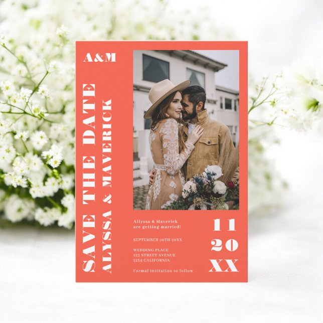 Elegant Bold simple white orange 2 photos wedding Save The Date (Elegant Bold simple white orange 2 photos wedding Save The Date)