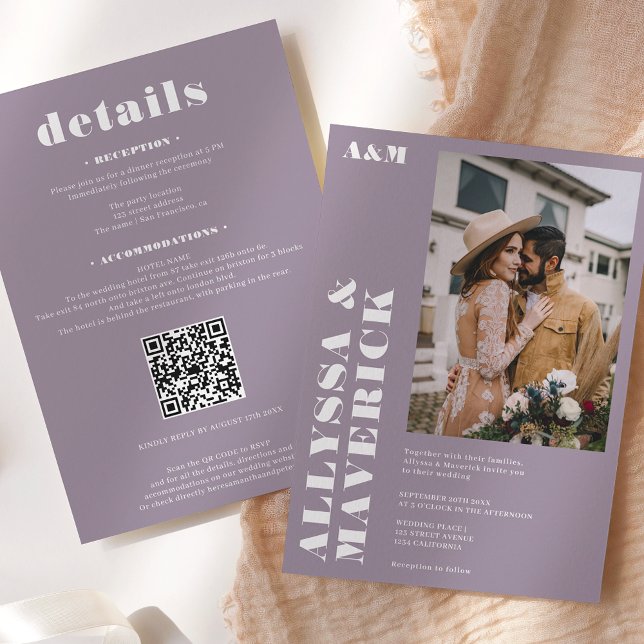 Elegant Bold simple white purple photo wedding Invitation (Creator Uploaded)