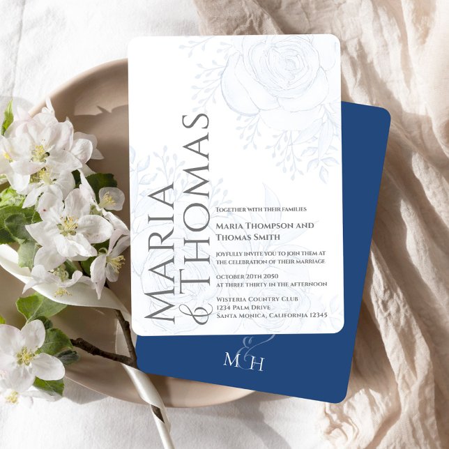 Elegant Bold Typography Classic Blue Floral  Invitation (Elegant modern style blue floral wedding invitation with monogram backside.)
