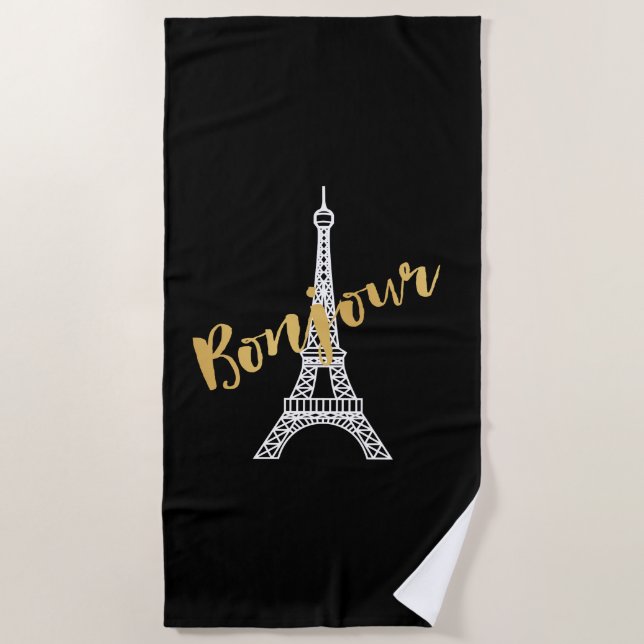 Elegant Bonjour Eiffel Tower Beach Towel (Front)