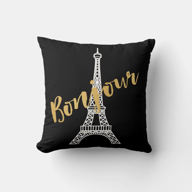 Elegant Bonjour Eiffel Tower Cushion (Front)