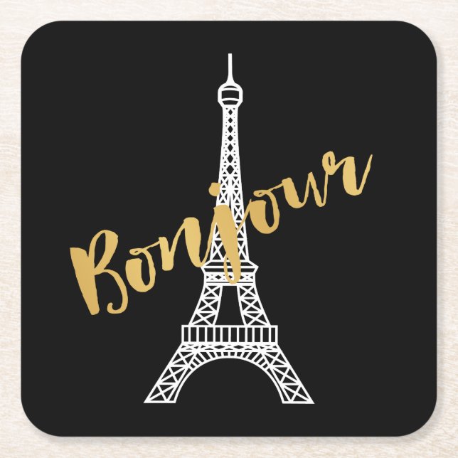 Elegant Bonjour Eiffel Tower Square Paper Coaster (Front)