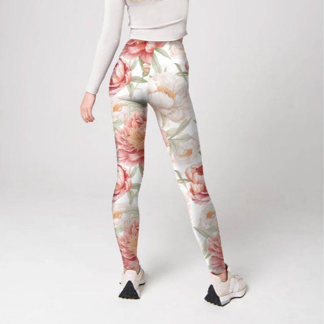 Elegant Bontanical of Big Camellia in Pink Pastel Leggings (Elegant botanical big camellia in pink pastel color, printed leggings.)