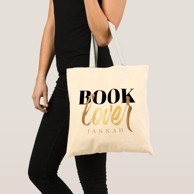 Elegant Book Lover Gold Script Tote Bag (Front (Product))