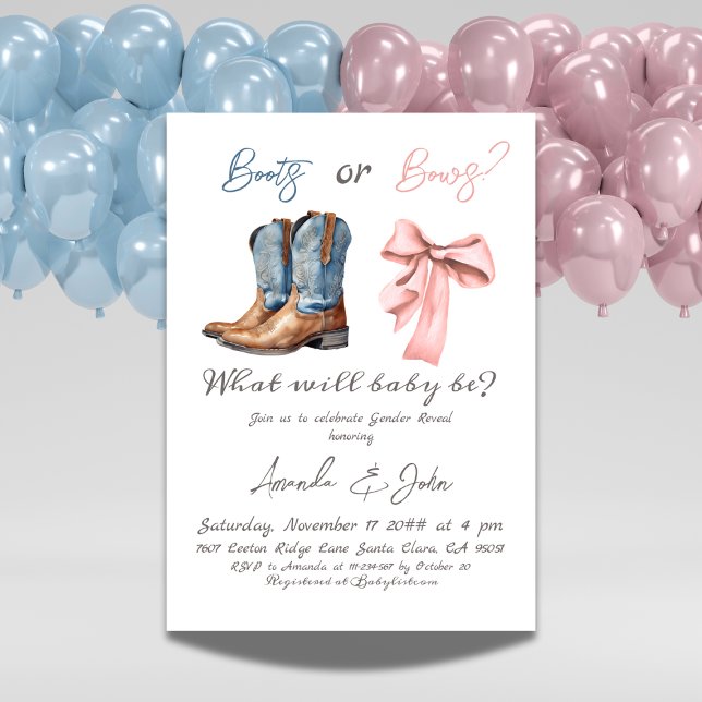 Elegant Boots or Bows Blue Pink Gender Reveal Invitation (Creator Uploaded)