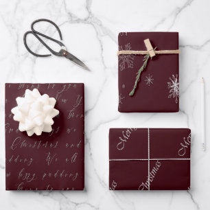Elegant Bordeaux Red Script Christmas Wrapping Paper Sheet