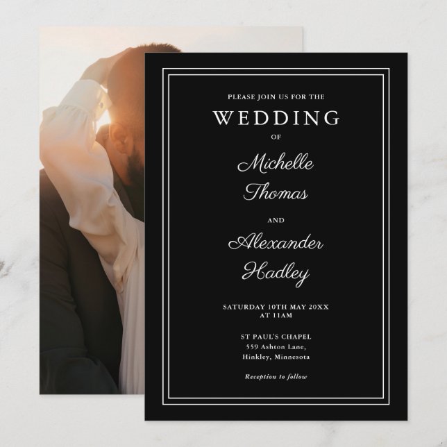 Elegant Border Black And White Photo Wedding Invitation (Front/Back)