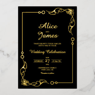 Elegant Border Black Gold Foil Wedding Invitation