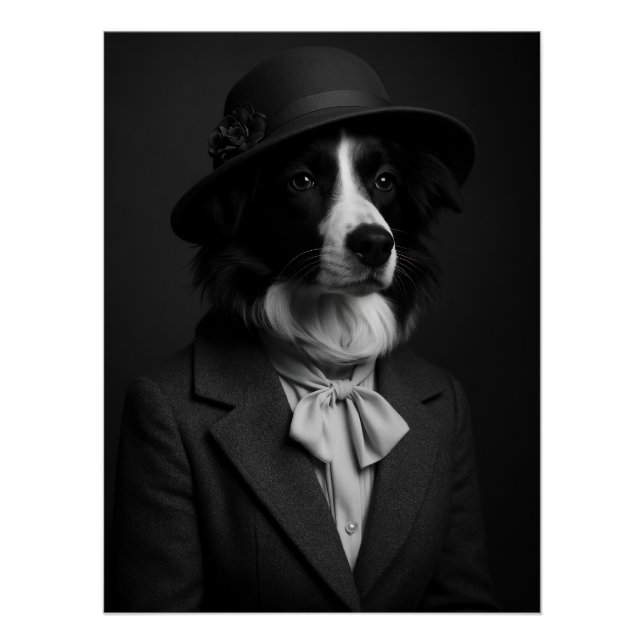 Elegant Border Collie in Cloche Hat & Bow Poster (Front)