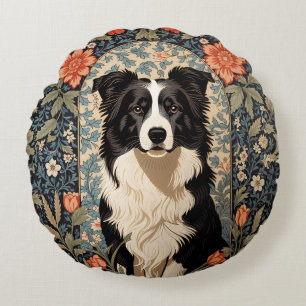Elegant Border Collie William Morris Inspired Round Cushion