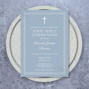 Elegant Border Dusty Blue First Holy Communion Invitation