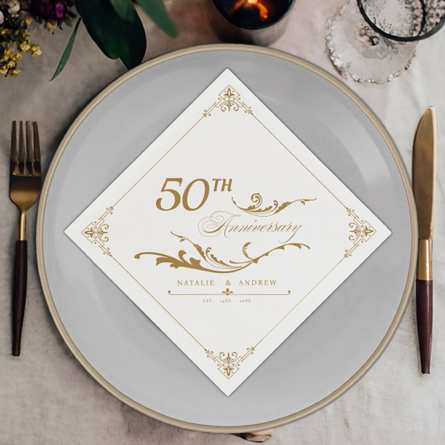 Elegant Border Golden Anniversary Couple Names Napkin (Creator Uploaded)