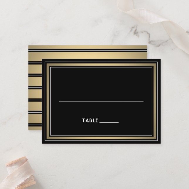 Elegant Border Large Black & Gold Striped Escort / Place Card (Front/Back In Situ)