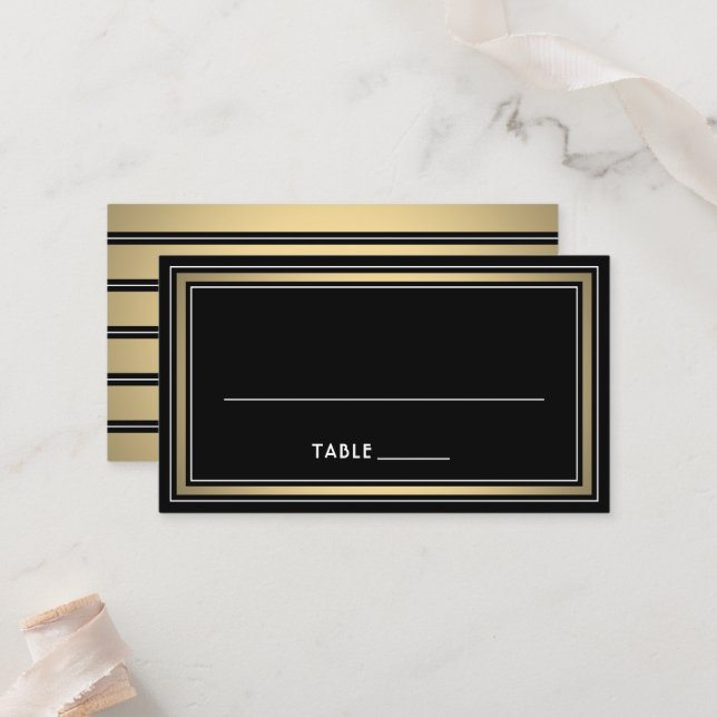 Elegant Border Striped Black and Gold Escort / Place Card (Front/Back In Situ)