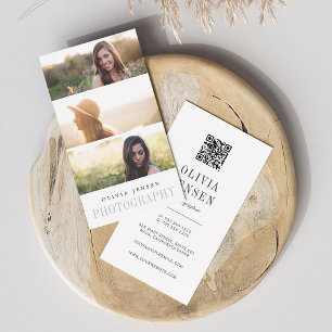 Elegant Border   Three Photo Photographer QR Code Business Card