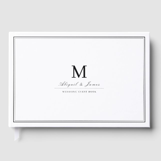 Elegant borders black white minimalist monogram guest book (Front)