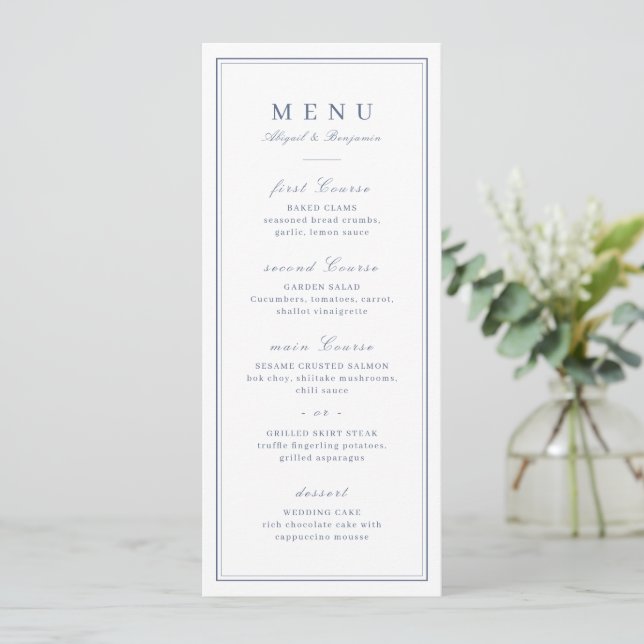 Elegant borders dusty blue minimalist wedding menu (Standing Front)