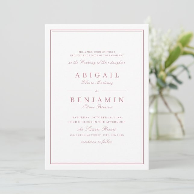 Elegant borders dusty pink minimalist wedding invitation (Standing Front)